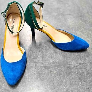 Blue, Green, and Yellow Accent Kitten Heels